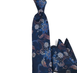 Lacivert Kahve Bej Özel Desenli Mendilli Kravat 32174