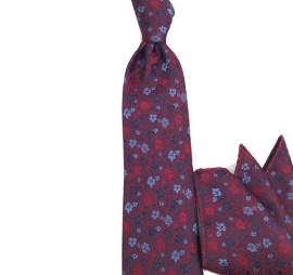 Bordo Lacivert Mavi Çiçek Desenli Mendilli Kravat 32974