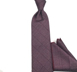 Soft Bordo Mürdüm Ekoseli Mendilli Kravat 33042