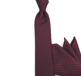 Bordo Siyah Küçük Kareli Mendilli ince Kravat 33092