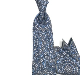 Gri Mavi Çiçek Desenli Mendilli Kravat 33177