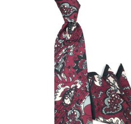 Koyu Vişne Bordo Siyah Beyaz Gri Özel Desenli Pliseli Mendilli Kravat 33260