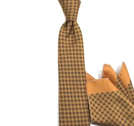 Koyu Altın Hardal Sarı Küçük Desenli İnce Mendilli Kravat 33297