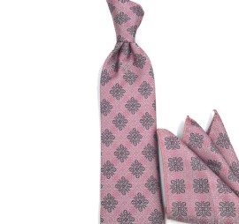 Soft Pembe Gri Özel Desenli Mendilli Kravat 33375