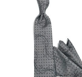 Gri Siyah Özel Desenli Mendilli Kravat 33387