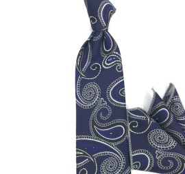 Saks Lacivert Siyah Beyaz Şal Desenli Mendilli Kravat 33398