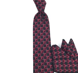 Bordo Siyah Beyaz Özel Desenli Mendilli Kravat 33416