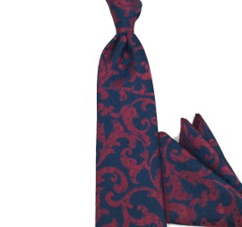 Lacivert Bordo Şal Desenli Mendilli Kravat 39957