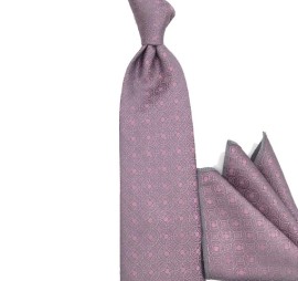 Gri Pembe Özel Desenli Mendilli Özel Dokuma Kravat 33898