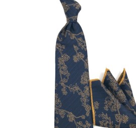 Soft Lacivert Sarı Çiçek Desenli Mendilli Kravat 33912
