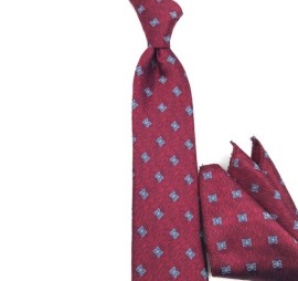 Bordo Mavi Beyaz Çiçek Desenli Mendilli Kravat 33998