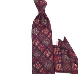 Bordo Bej Lacivert Ekoseli Mendilli Kravat 34059
