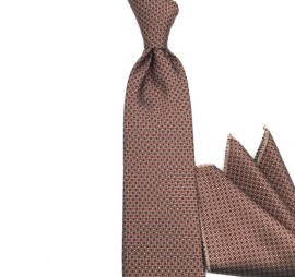 Sütlü Kahve Lacivert Özel Küçük Desenli Mendilli Kravat 34076