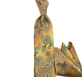 Altın Sarı Kahve Krem Özel Şal Desenli Mendilli Kravat 34180