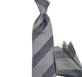 Gri Soft Lacivert Kırçıl Çizgili Mendilli Kravat 34189