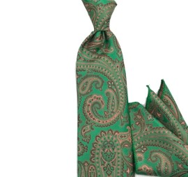 Fıstık Yeşil Pembe Kahve Şal Desenli Mendilli Kravat 34205