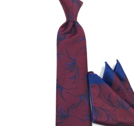 Bordo Mavi Özel Desenli Mendilli Kravat 34235