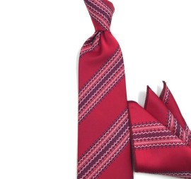 Kırmızı Lacivert Beyaz Özel Çizgili Mendilli Kravat 34257