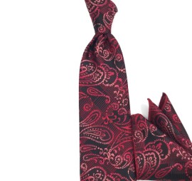 Kırmızı Somon Pembe Özel Şal Desenli Mendilli Kravat 34263