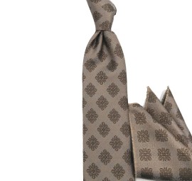Soft Bej Gri Özel Desenli Mendilli Kravat 34309