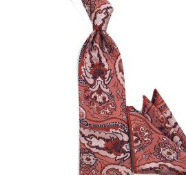 Soft Somon Turuncu Şal Desenli Mendilli Kravat 34311