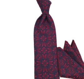 Lacivert Bordo Özel Desenli Mendilli Kravat 34359