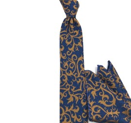 Lacivert Altın Hardal Özel Desenli İnce Mendilli Kravat 34371