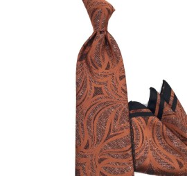 Soft Taba Turuncu Kahve Özel Desenli Mendilli Özel Dokuma Kravat 34398