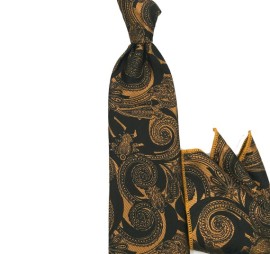 Siyah Altın Hardal Sarı Şal Desenli Mendilli Kravat 34416