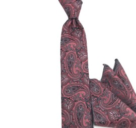 Gül Kurusu Pembe Gri Siyah Şal Desenli İnce Mendilli Kravat 34476