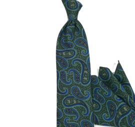Koyu Yeşil Mavi Siyah Şal Desenli Özel Dokuma Baskılı Mendilli Kravat 34481