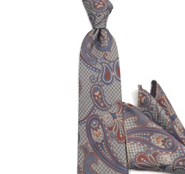 Taba Kahve Krem Mavi Şal Desenli Mendilli Kravat 34506