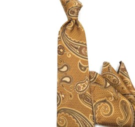 Altın Hardal Sarı Kahve Şal Desenli Mendilli Kravat 34529