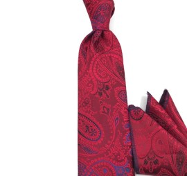 Koyu Kırmızı Bordo Saks Mavi Şal Desenli Mendilli Kravat 34542