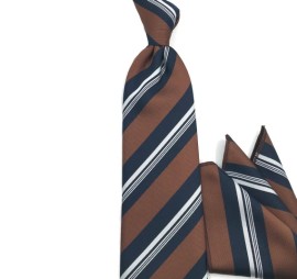 Kahve Lacivert Beyaz Çizgili Mendilli Kravat 34592