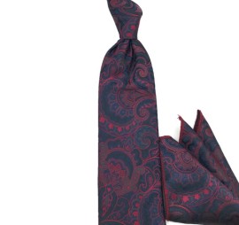 Lacivert Bordo Şal Desenli Mendilli Kravat 34678