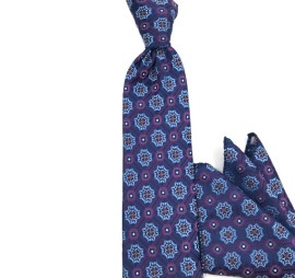 Soft Mor Lacivert Mavi Özel Desenli Mendilli Kravat 34687