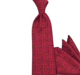 Kırmızı  Bordo Özel Desenli Mendilli Geniş Kravat 34711