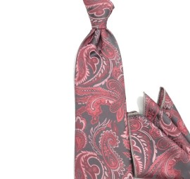 Gri Gül Kurusu Pembe Şal Desenli Mendilli Kravat 34725