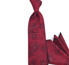 Koyu Kırmızı Bordo Siyah Şal Desenli Mendilli Kravat 34752