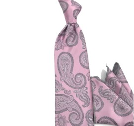 Pembe Gri Şal Desenli Mendilli Kravat 34806