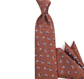 Soft Taba Bakır Beyaz Lacivert Mavi Küçük Çiçek Desenli Özel Dokuma Mendilli Kravat 34838