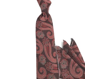 Soft Kızıl Kiremit Turuncu Kahve Şal Desenli Mendilli Kravat 34859