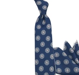 Lacivert Gri Beyaz Özel Çiçek Desenli Mendilli Kravat 34890