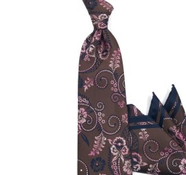 Kahve Pembe Lacivert Beyaz Şal Ve Çiçek Desenli Mendilli Kravat 34898