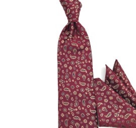Bordo Sütlü Kahve Lacivert Küçük Çiçek Ve Şal Desenli Mendilli Kravat 34902