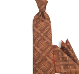 Soft Taba Bakır Kahve Ekoseli Mendilli Kravat 34911