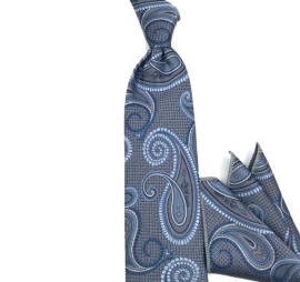 Gri Lacivert Mavi beyaz Şal Desenli Mendilli Kravat 34978