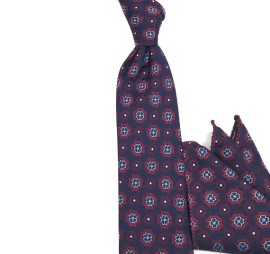 Lacivert Bordo Kırmızı Küçük Çiçek Desenli Mendilli Kravat 34999