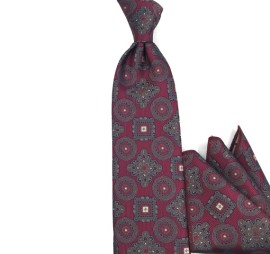 Bordo Lacivert Krem Kahve Özel Desenli Mendilli Kravat 35021